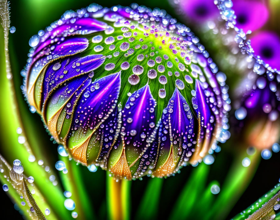 a macro photograph of an onion flower with dew dro