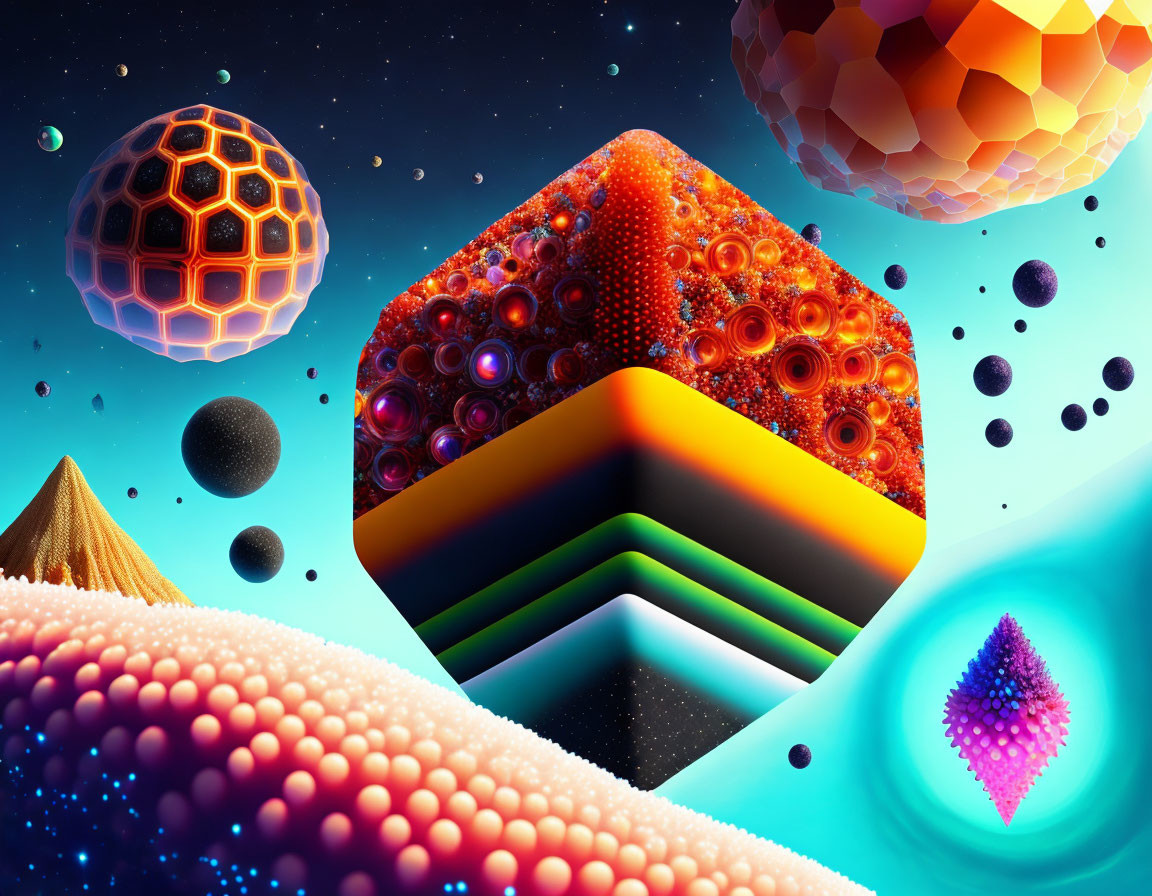 Colorful Abstract Cosmic Landscape with Geometric Shapes and Planets