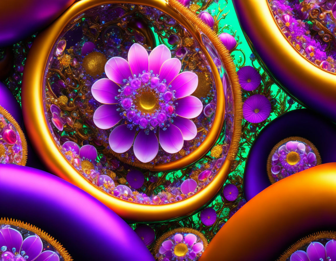 Colorful digital artwork: Central purple flower with intricate patterns surrounded by fractal elements and spheres