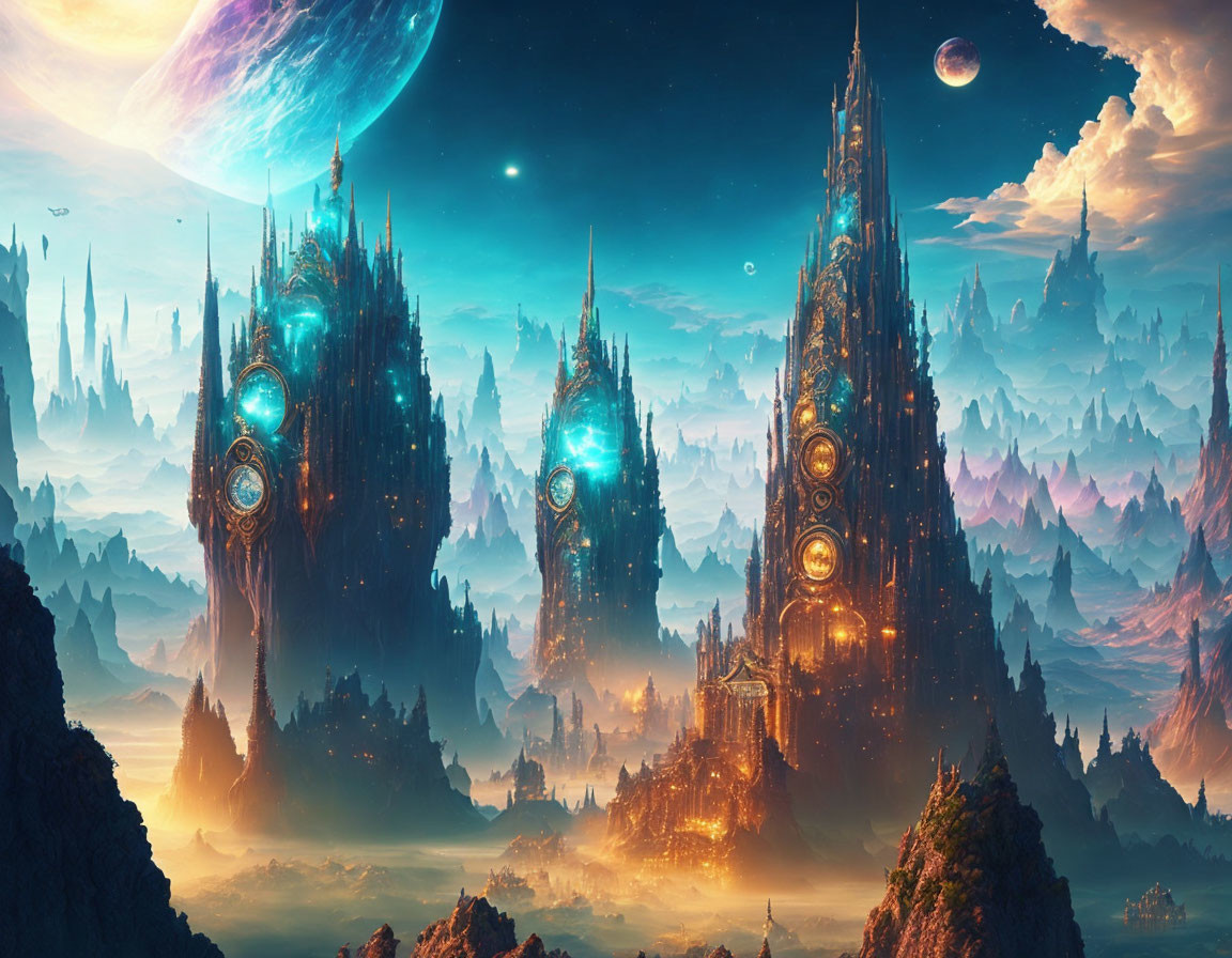 Fantasy landscape with towering spires and floating islands under a sky with multiple moons and planets.
