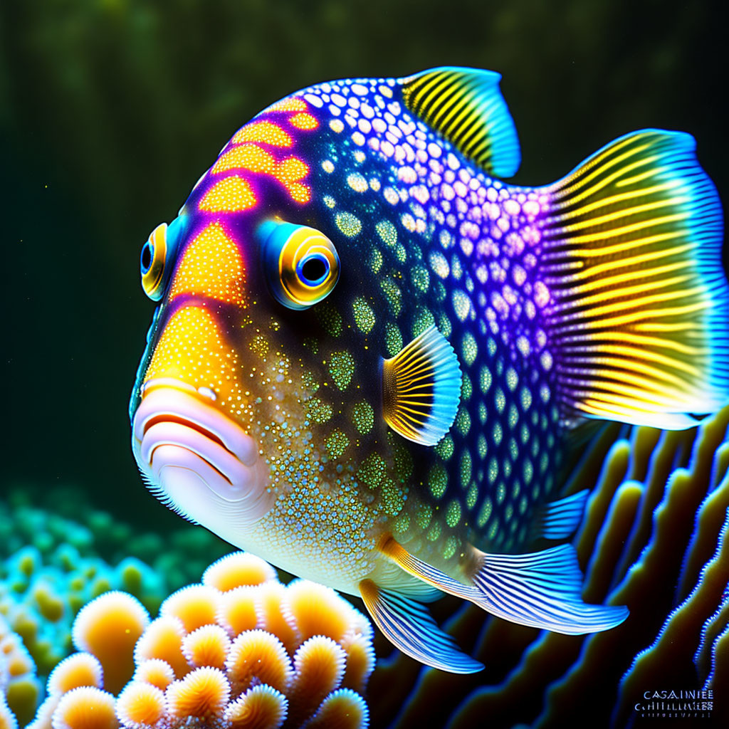 Colorful Tropical Fish Swimming Near Coral Reef in Blue, Yellow, and Purple Hues