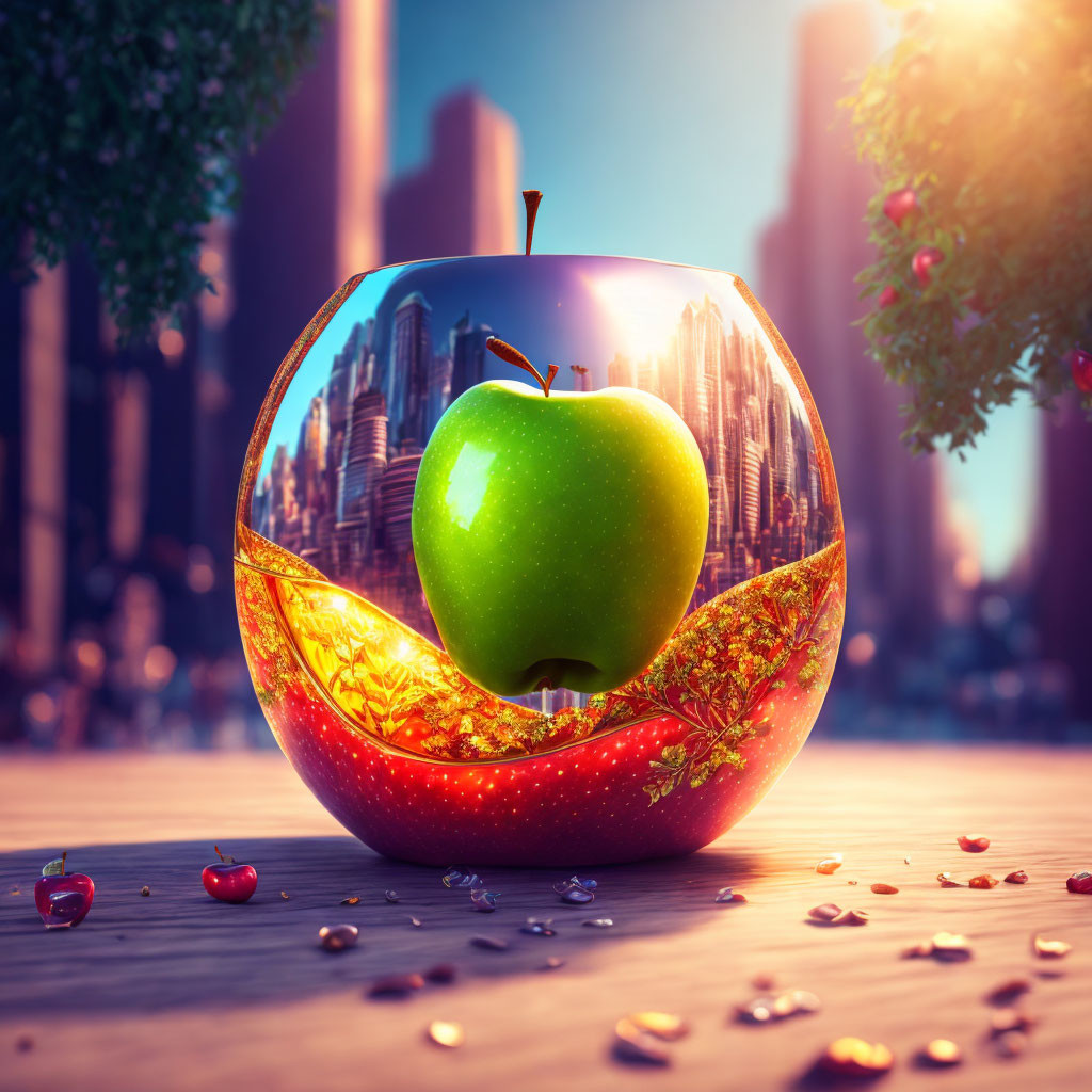 fantasy city in a glass apple in the sun , extreme