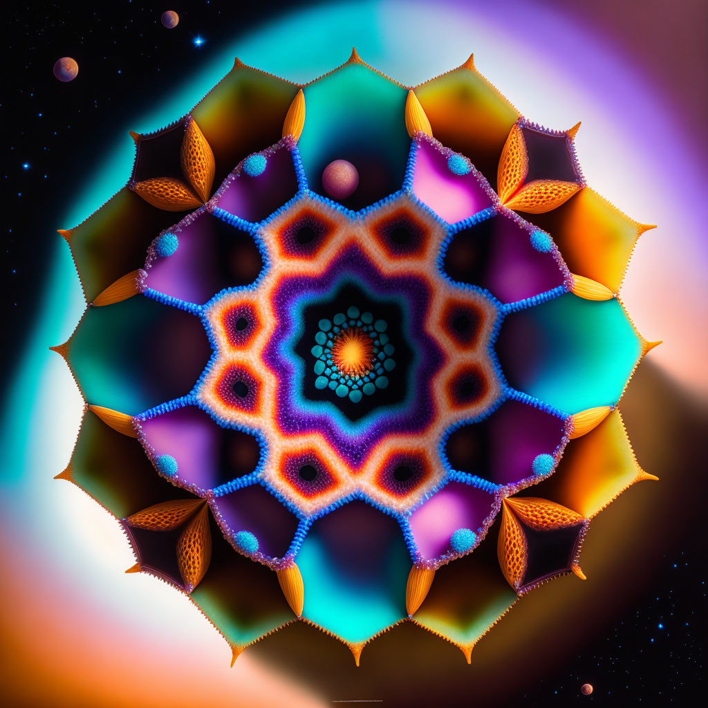 Colorful digital mandala with intricate purple, orange, and blue patterns on cosmic backdrop