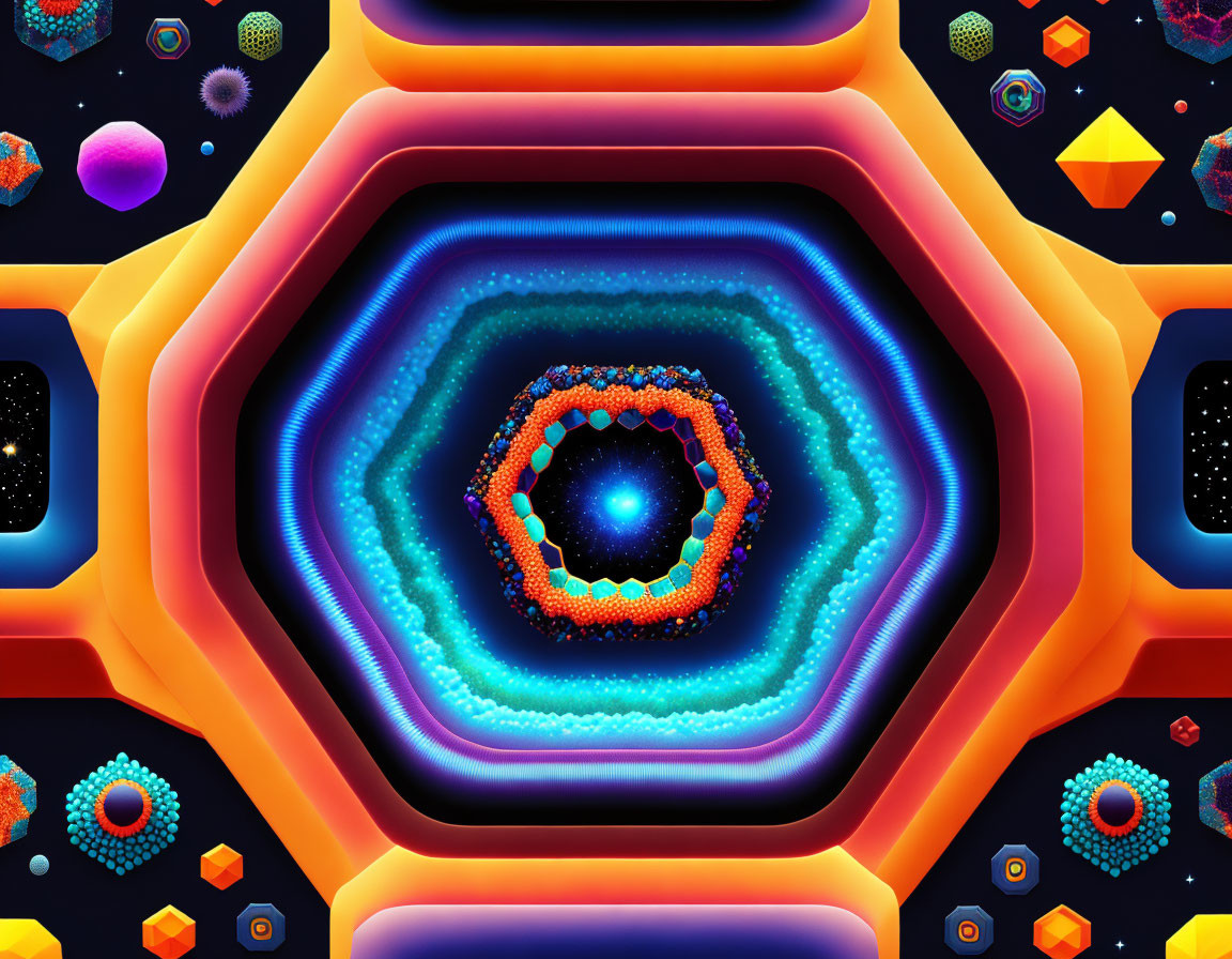 Colorful Hexagonal Fractal Art with Neon Geometric Shapes