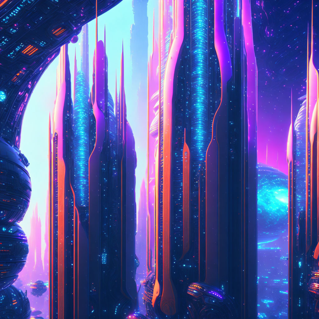 Futuristic cityscape with neon-lit skyscrapers under alien sky