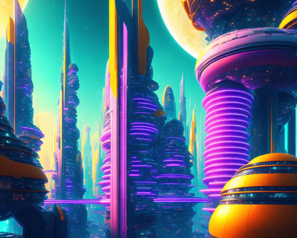 Futuristic cityscape with neon lights and alien sky.