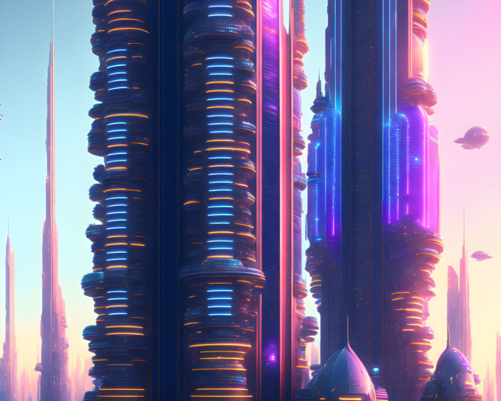 Futuristic cityscape with tall towers and flying vehicles at sunset