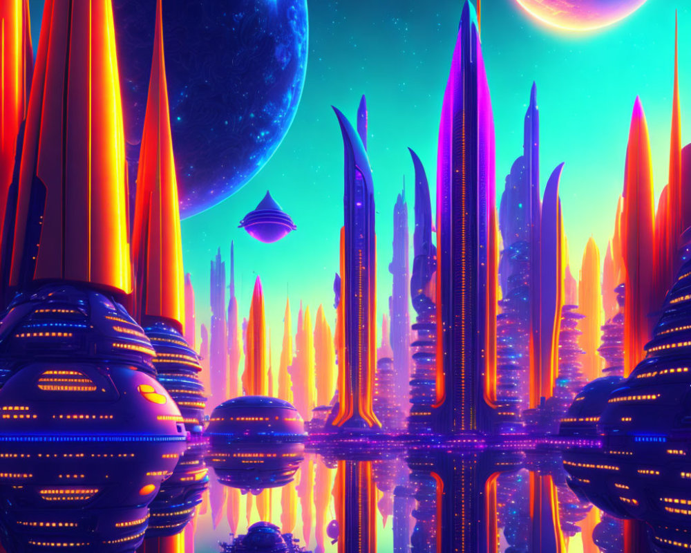 Futuristic neon-lit cityscape with flying saucer and planets