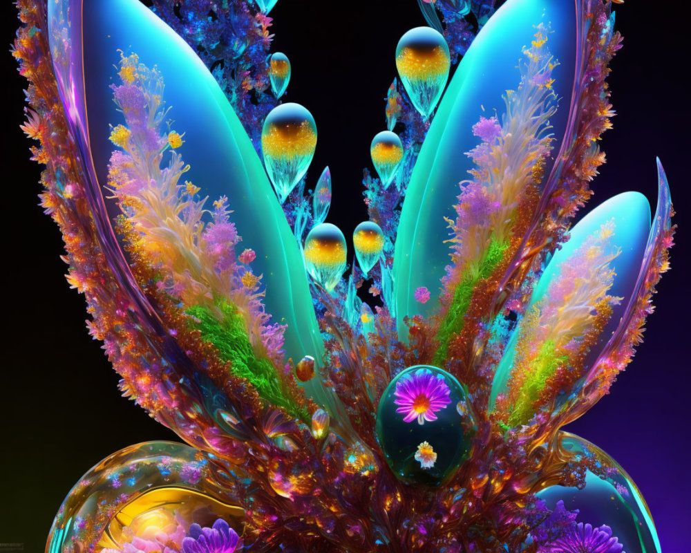 Vibrant fractal art of leaf and flower patterns on dark background