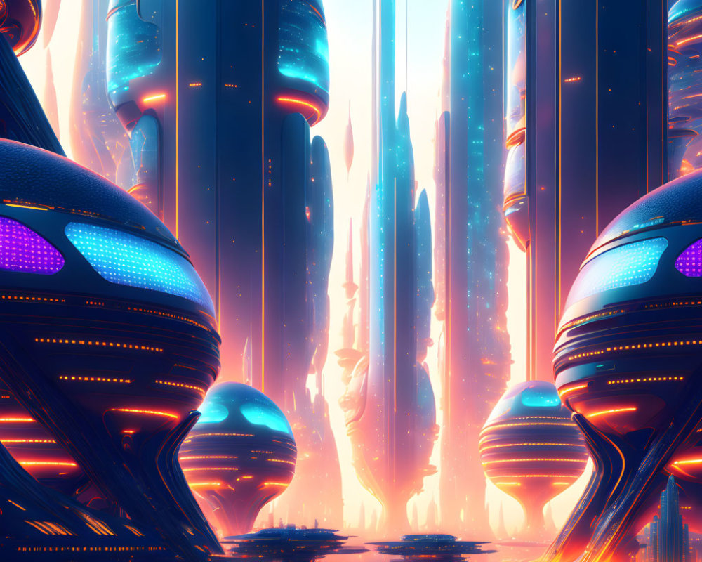 Futuristic neon-lit cityscape with flying vehicles at sunrise or sunset
