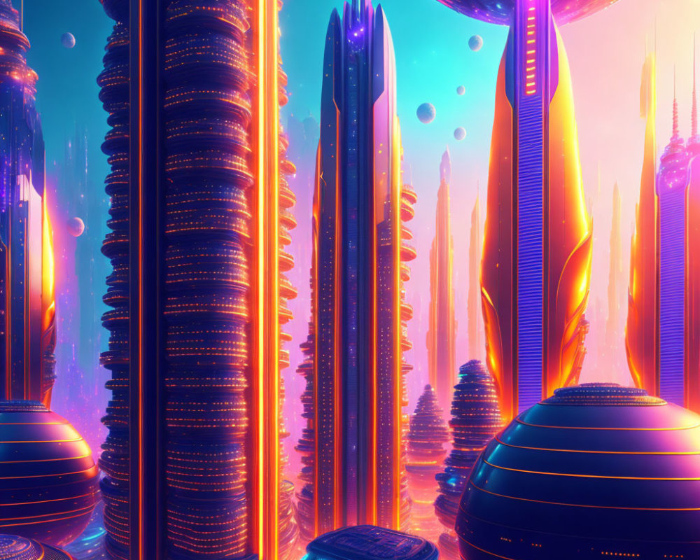 Futuristic cityscape with neon skyscrapers at twilight