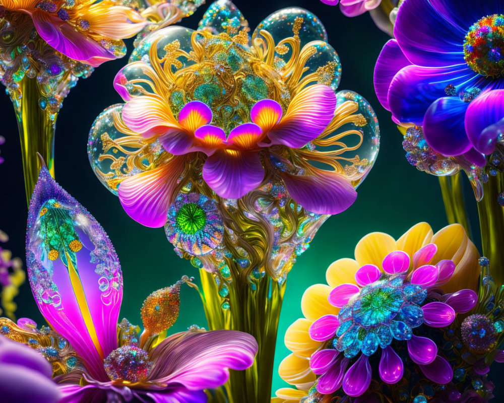Colorful fractal flowers in blue, purple, gold, and pink bloom in a surreal digital garden