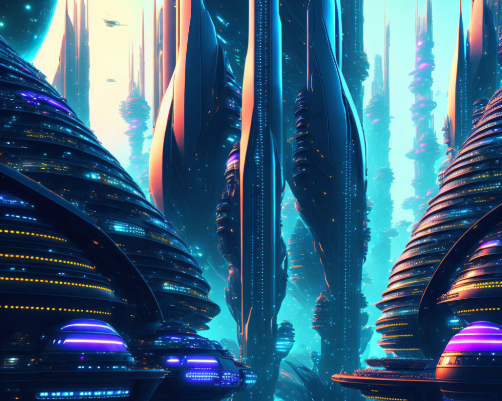 Futuristic cityscape with sleek skyscrapers and neon lights at twilight