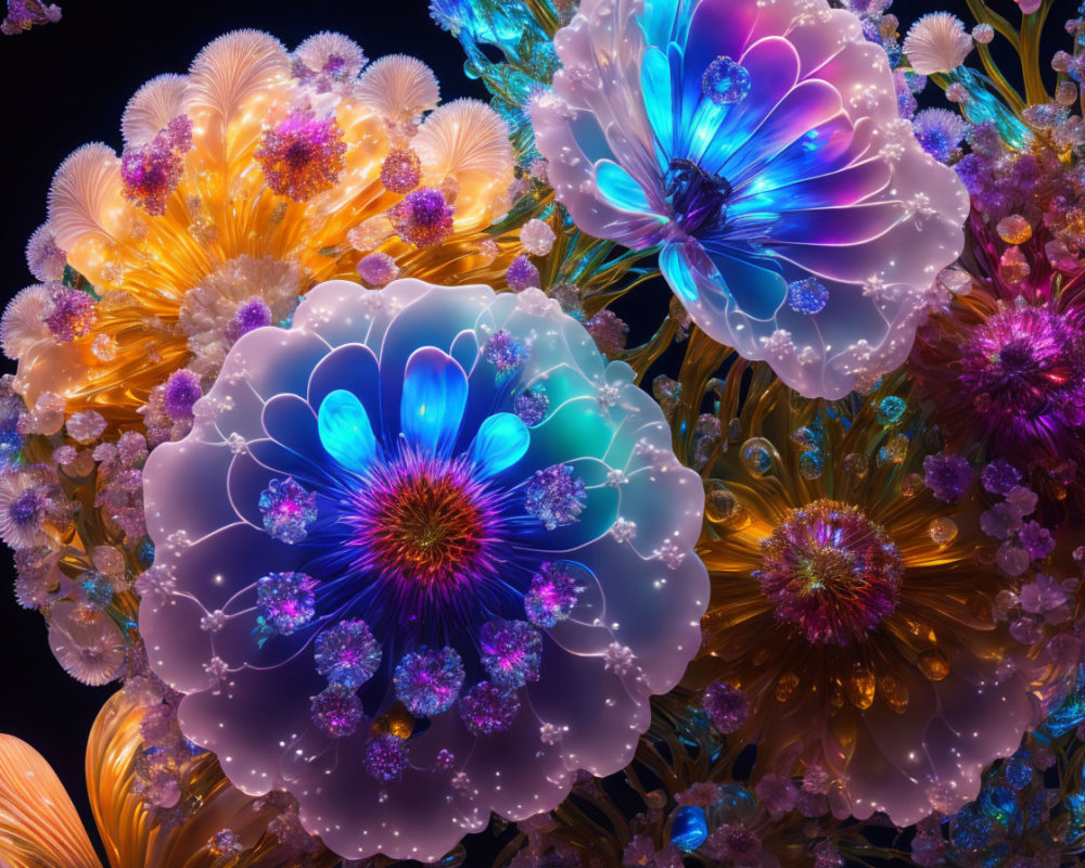 Colorful Luminescent Floral-like Formations on Dark Background