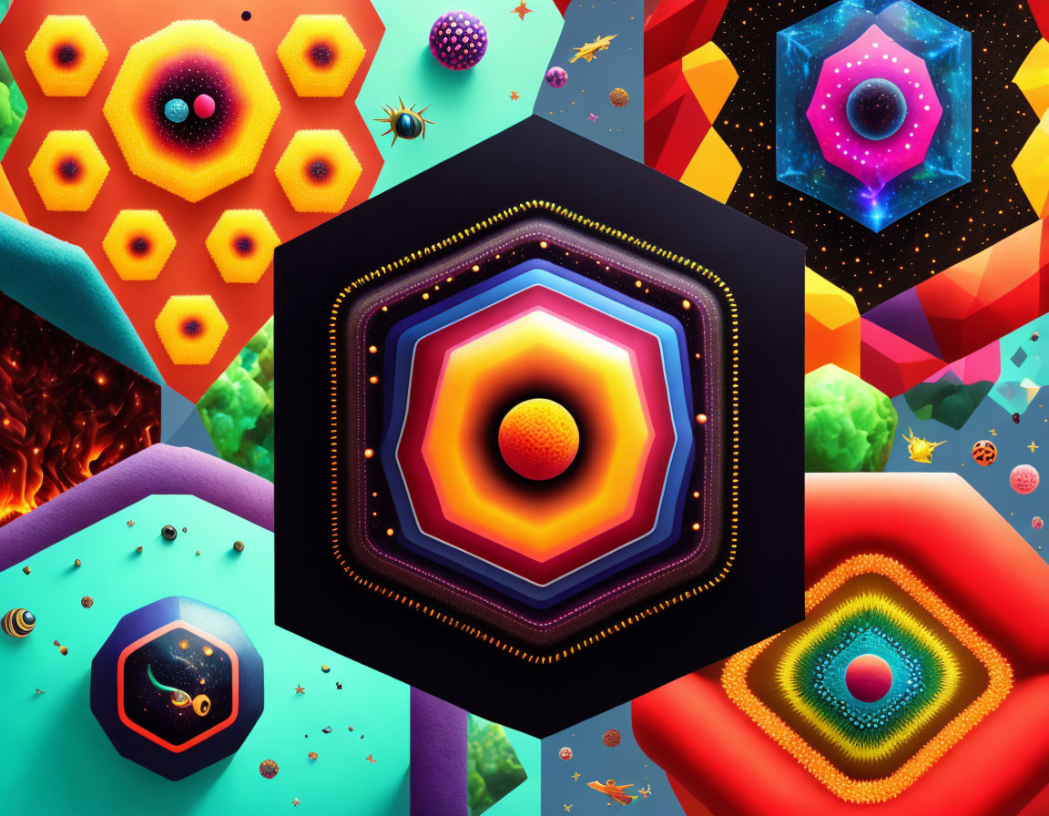 Colorful Geometric Collage with Hexagonal Center