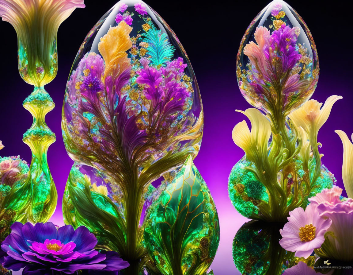 Colorful Abstract Botanical Digital Art with Iridescent Finish