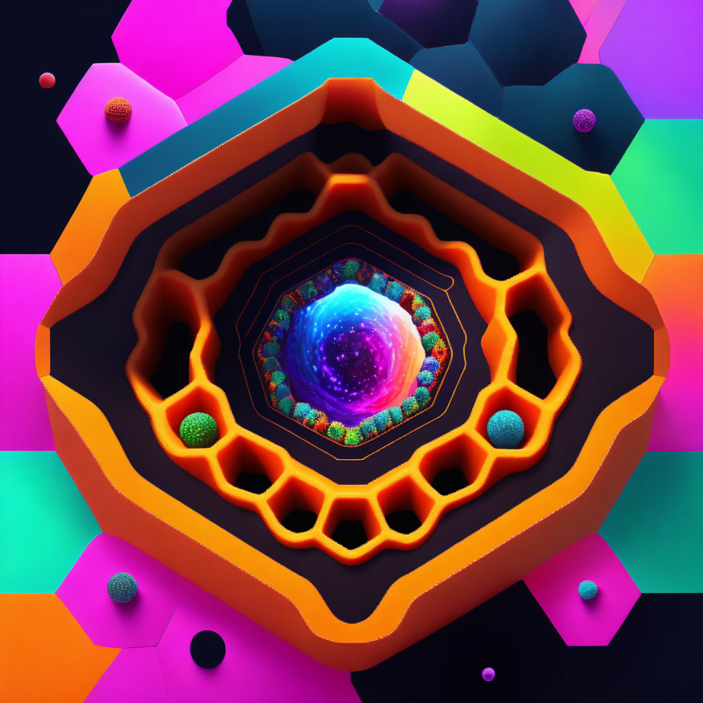 Colorful symmetrical honeycomb patterns surround glowing orb in abstract digital art