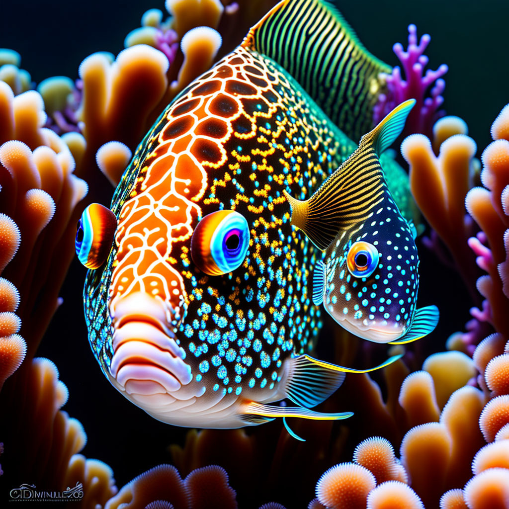 Colorful digital artwork: two patterned fish amidst vibrant coral