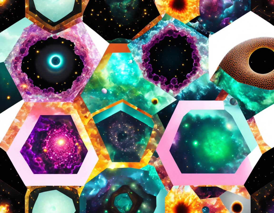 Colorful Hexagonal Cosmic Mosaic Tiles in Vivid Nebula Imagery