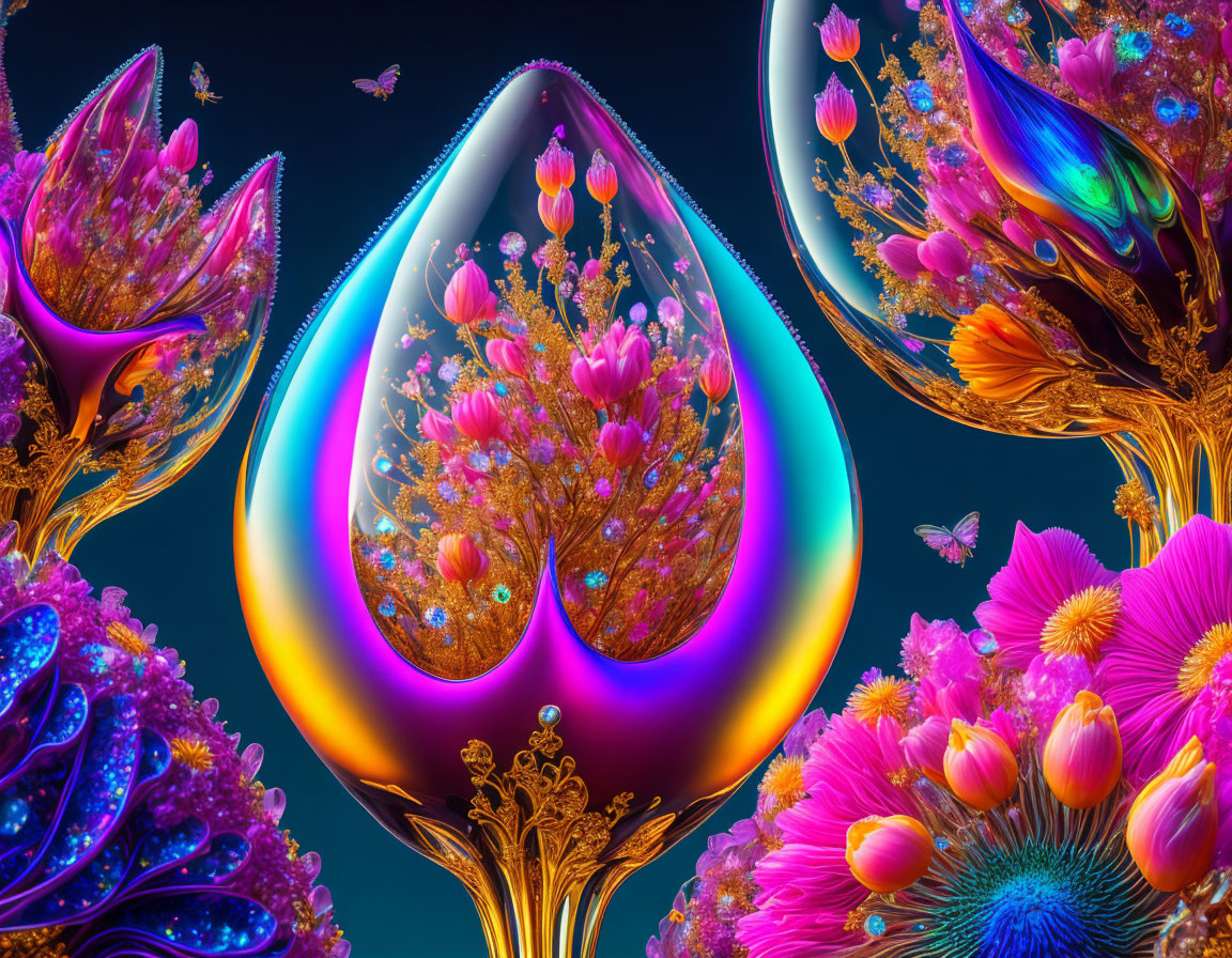Colorful Floral Teardrop Art with Butterflies and Plants on Dark Background