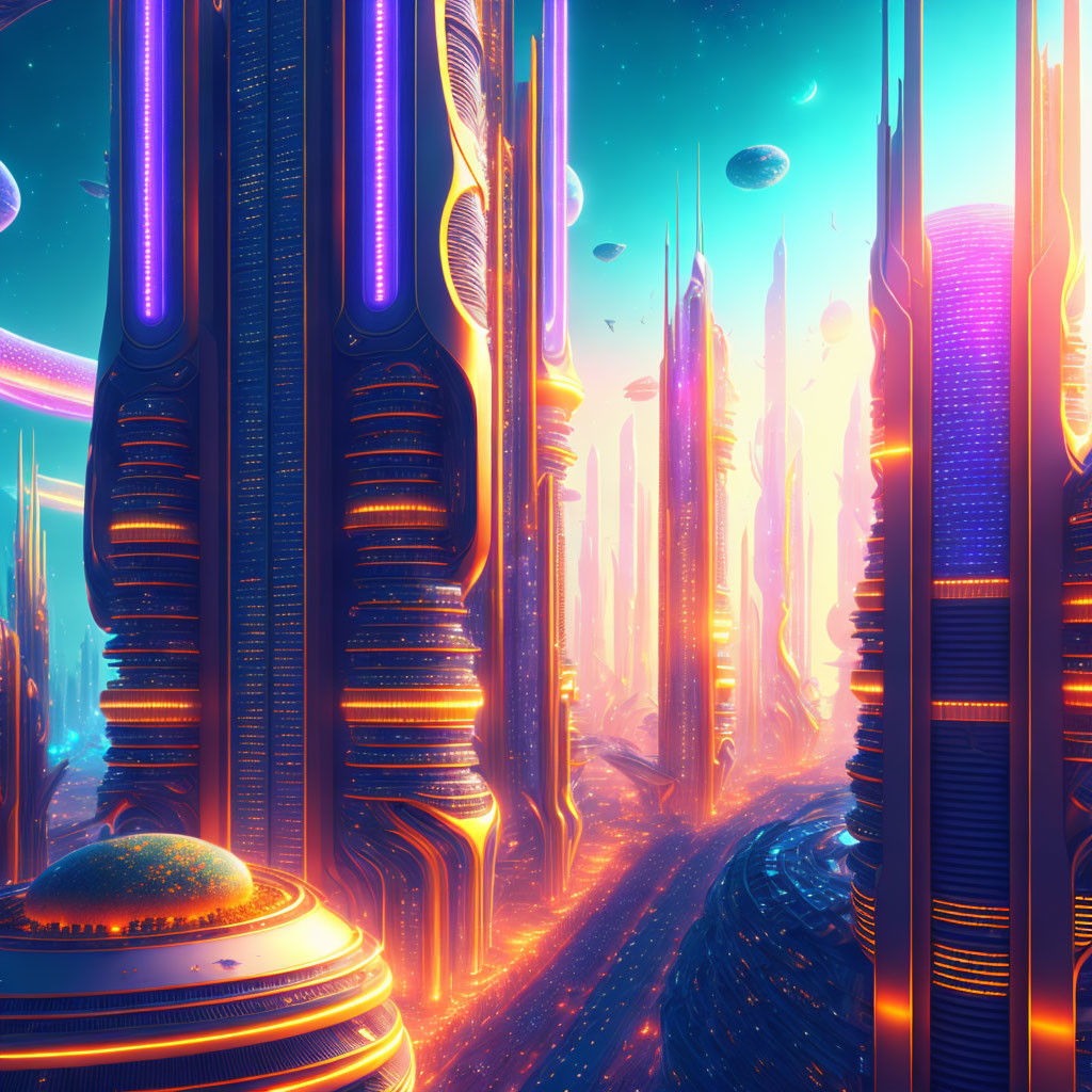 Futuristic sci-fi cityscape with neon-lit skyscrapers