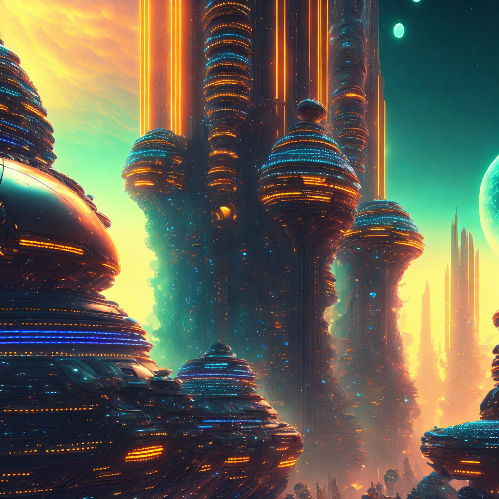 Futuristic cityscape with towering skyscrapers under an alien sky