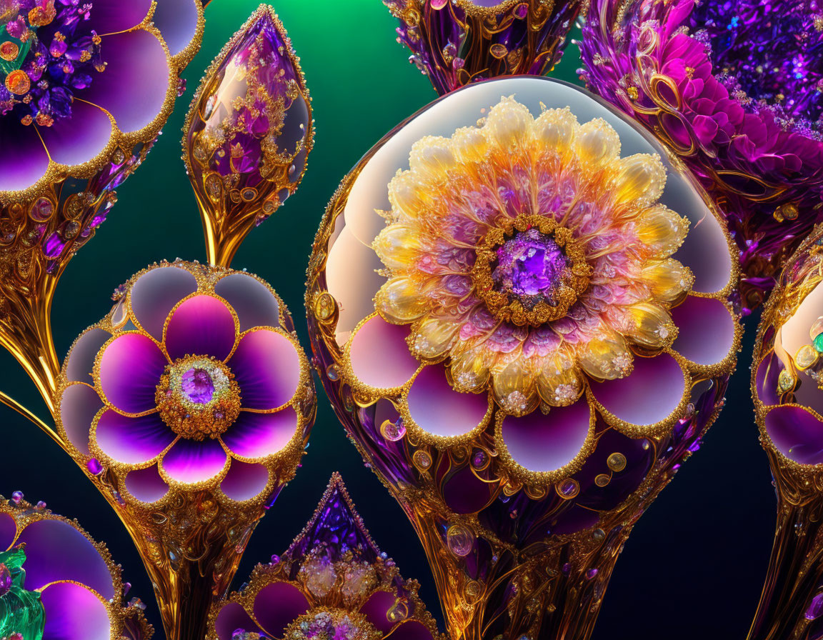 Colorful fractal image with intricate floral patterns in purple, gold, and pink