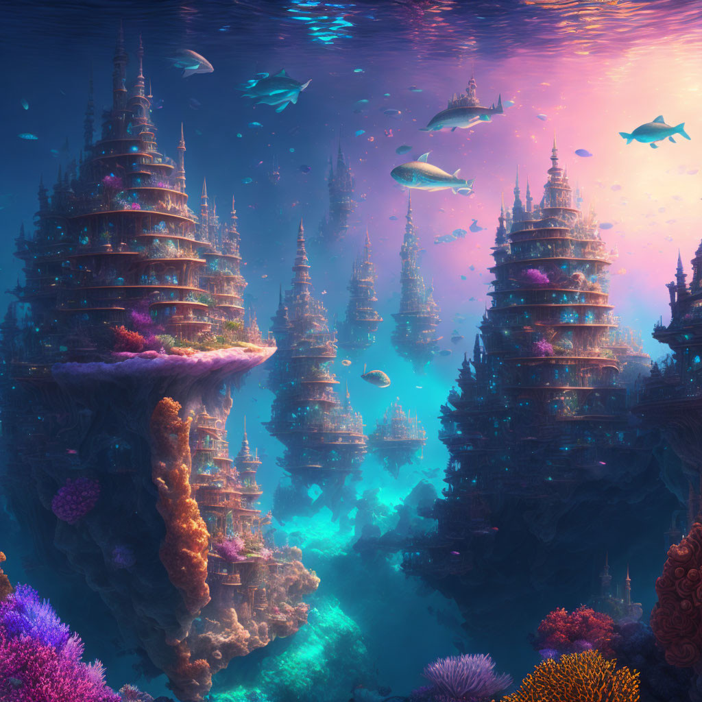 Submerged fantasy city with coral, fish, and glowing light in towering spires
