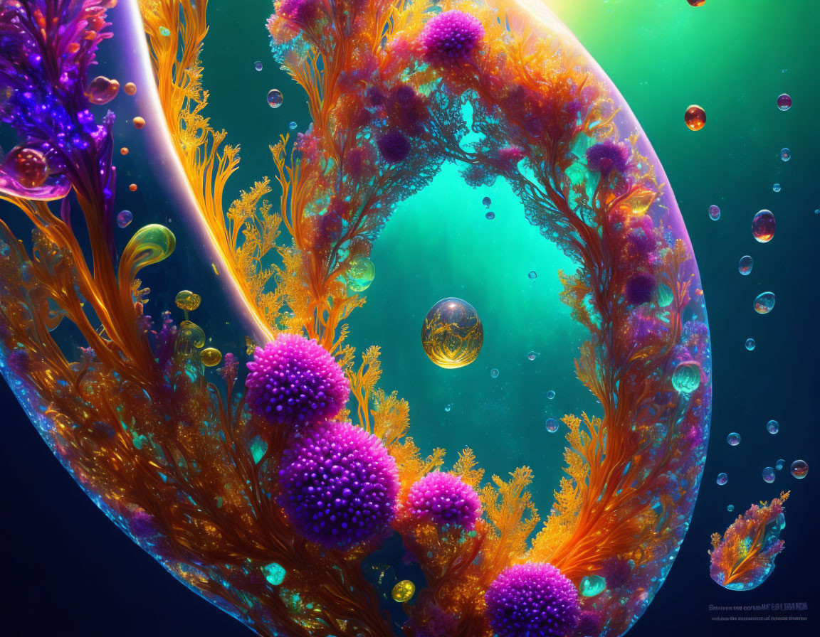 Colorful Digital Underwater Scene with Ornate Coral Structure and Floating Orbs