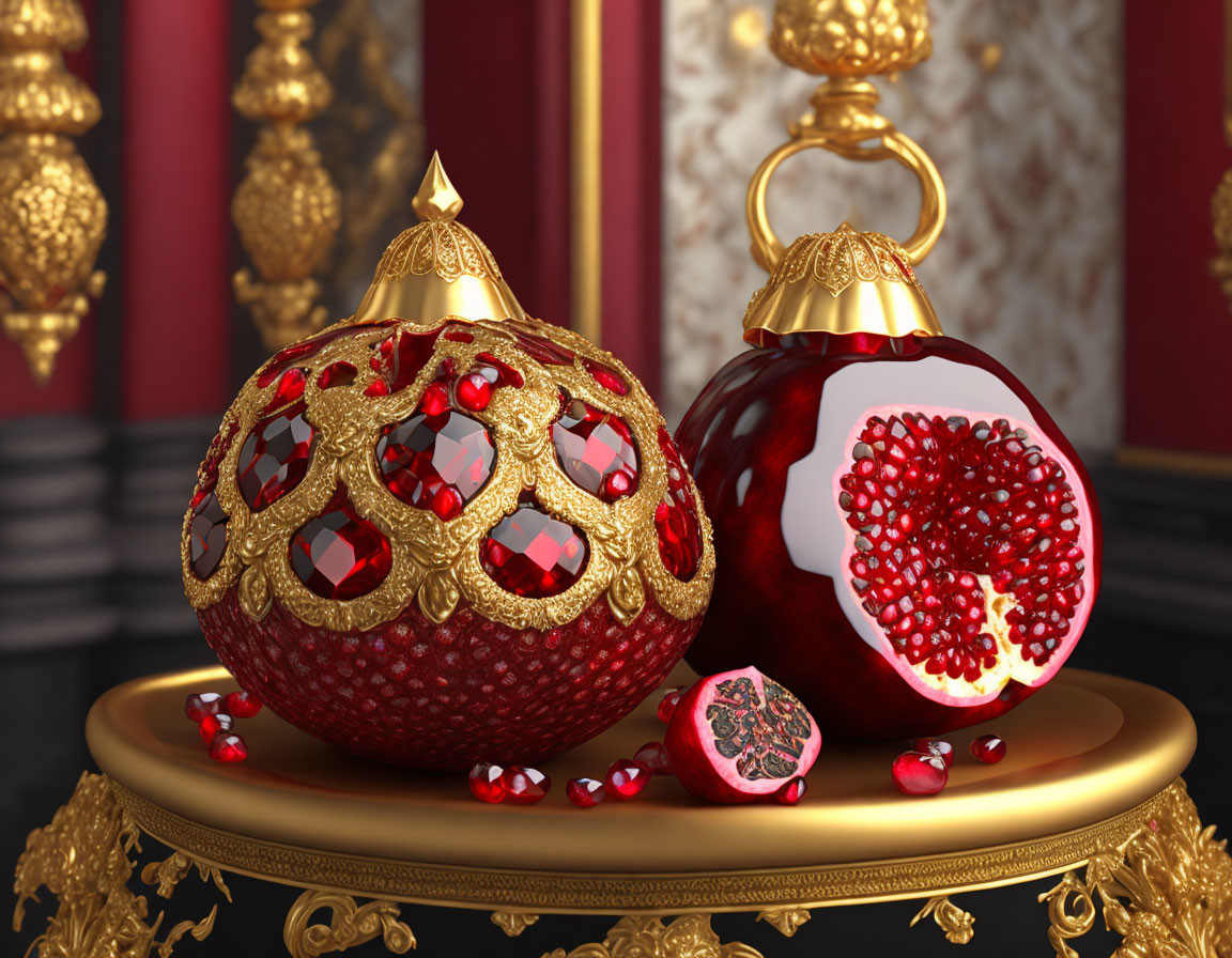 Luxurious Pomegranates with Gold and Jewels on Baroque Background
