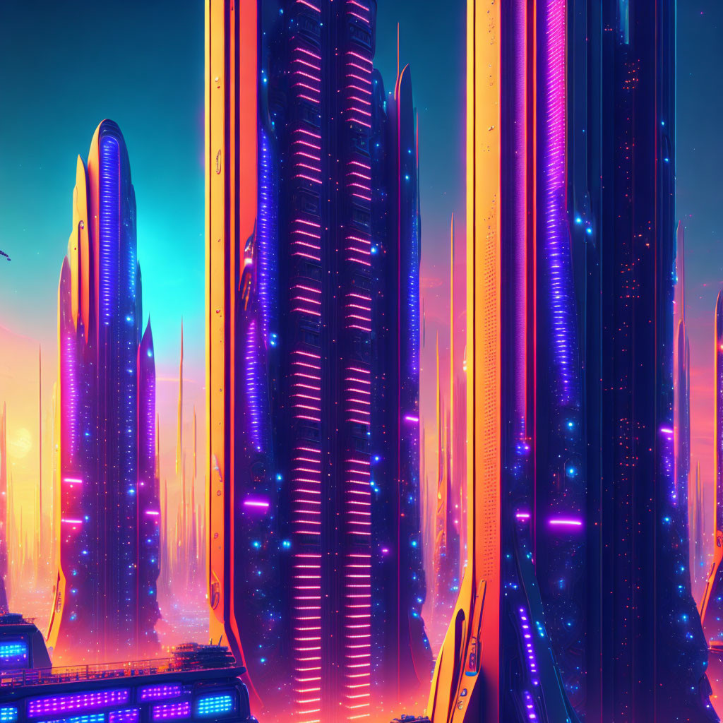 Futuristic Cityscape with Neon Lights and Skyscrapers
