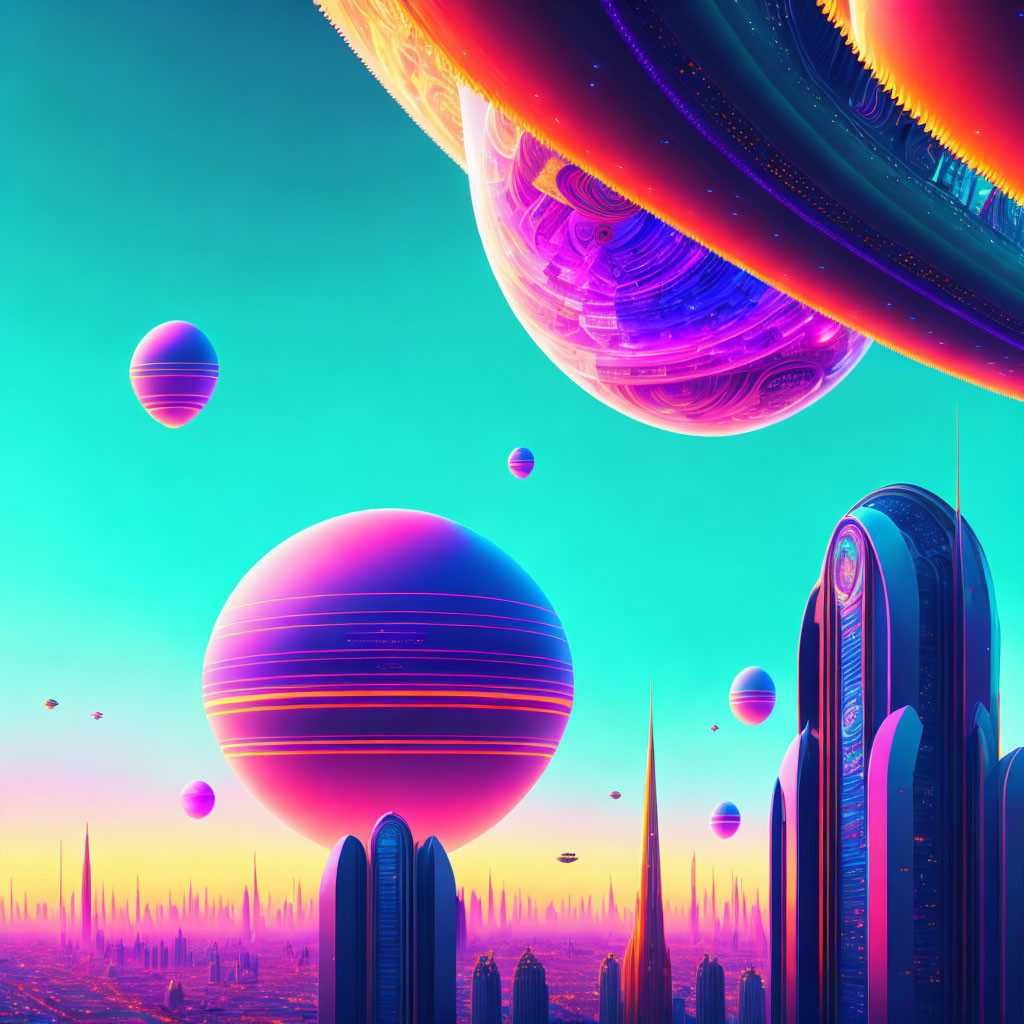 Futuristic sci-fi cityscape with celestial bodies and ringed planet