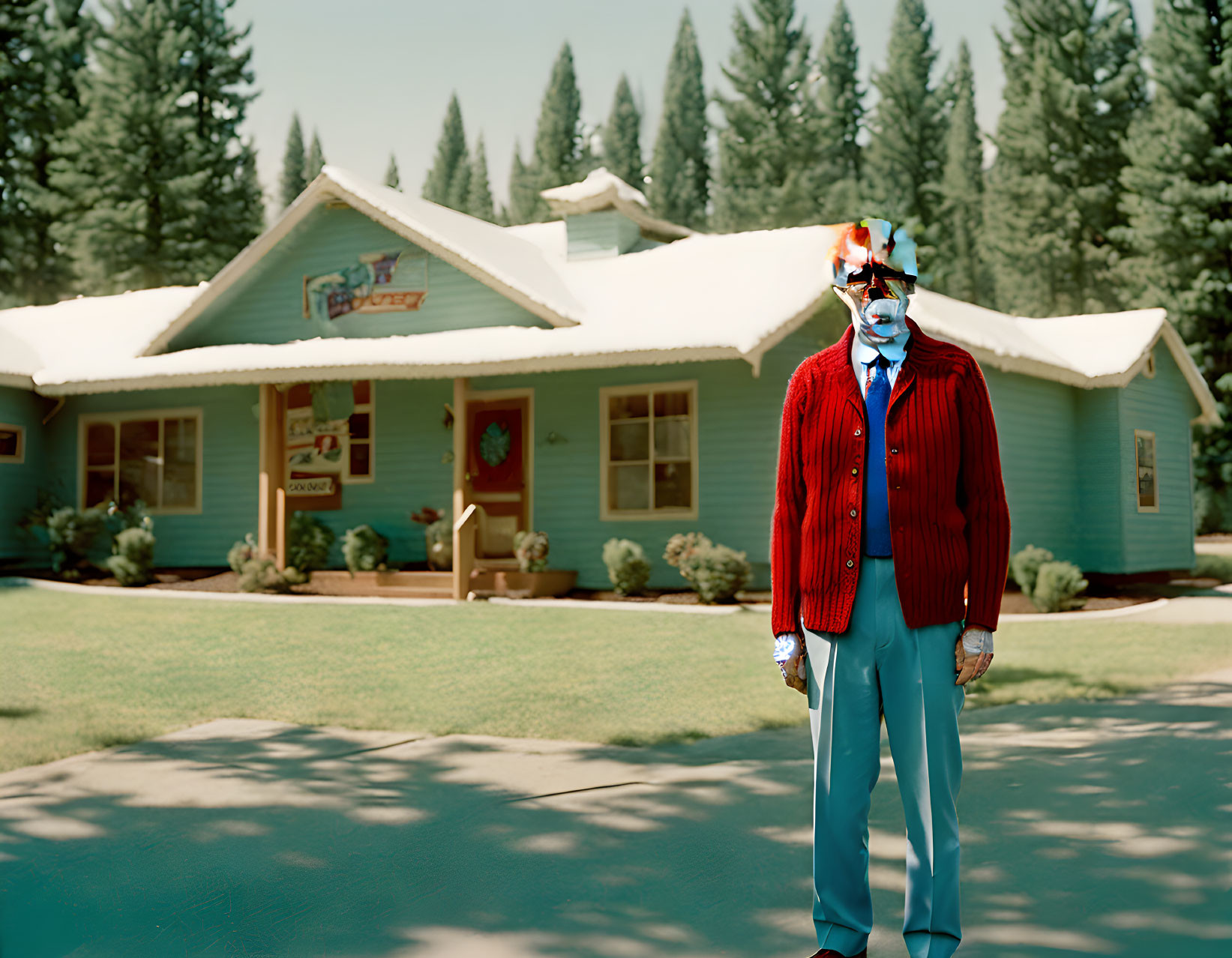 Clown in front of "Deer Lodge" house in sunny setting
