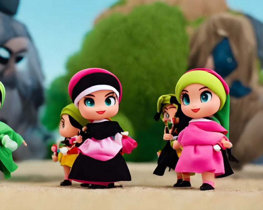 Vibrant animated figurines in traditional attire against outdoor backdrop