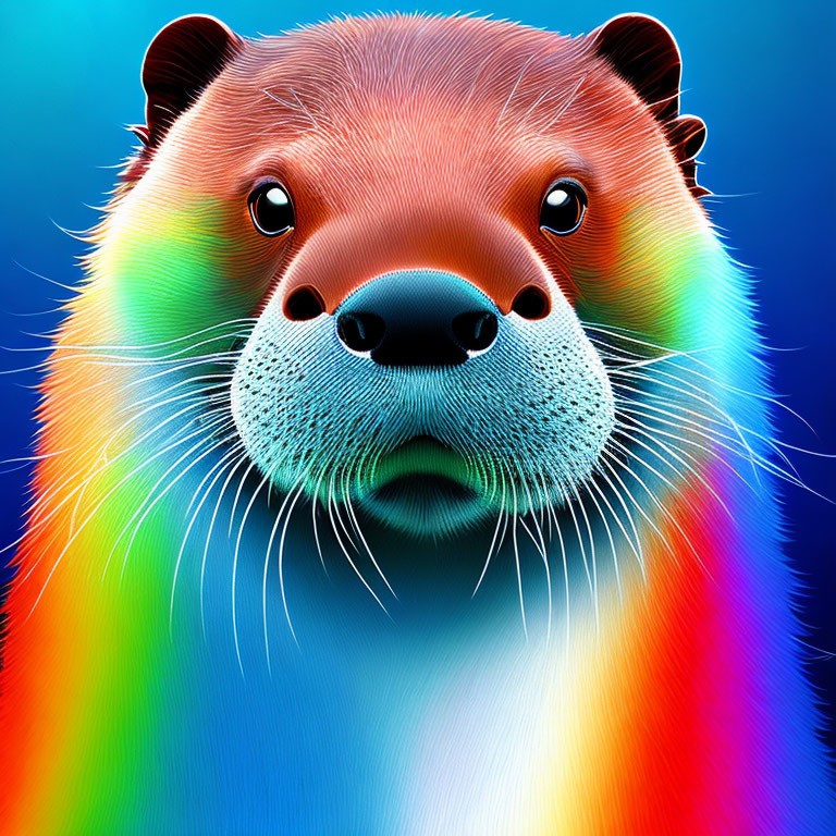 Vibrant rainbow bear digital art on blue background