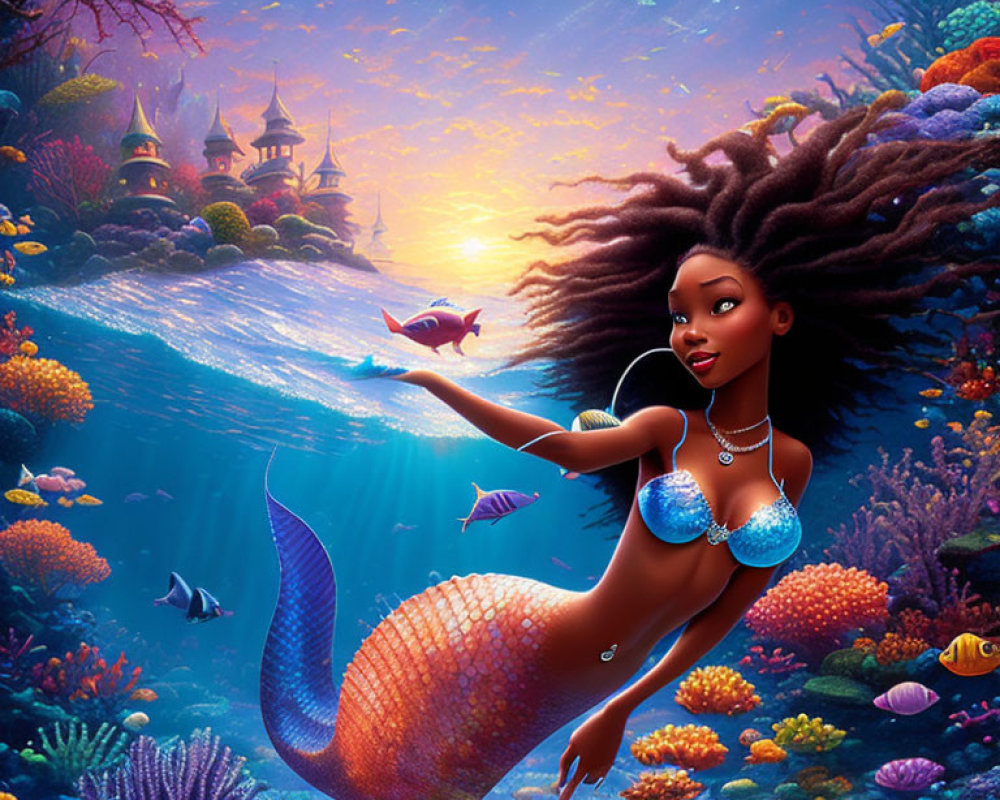 Mermaid swimming near vibrant coral reef with colorful fish and whimsical castles underwater