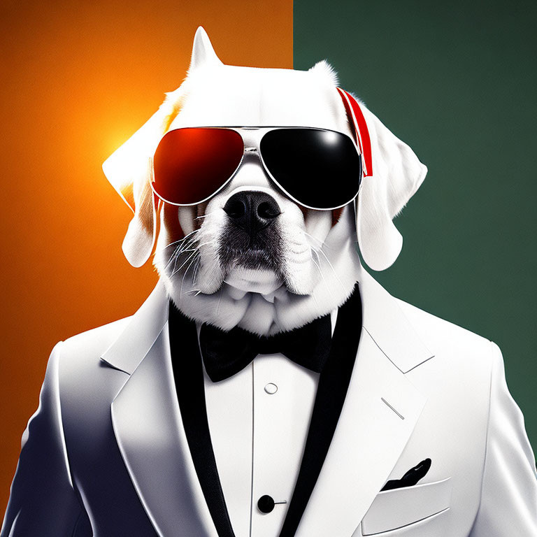 Fashionable Dog in Sunglasses, White Suit, and Bow Tie on Colorful Background