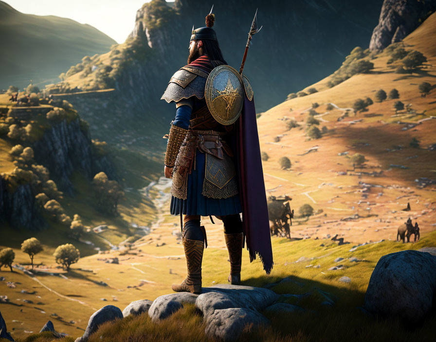 Armored warrior with spear and cape overlooking lush valley and mountains