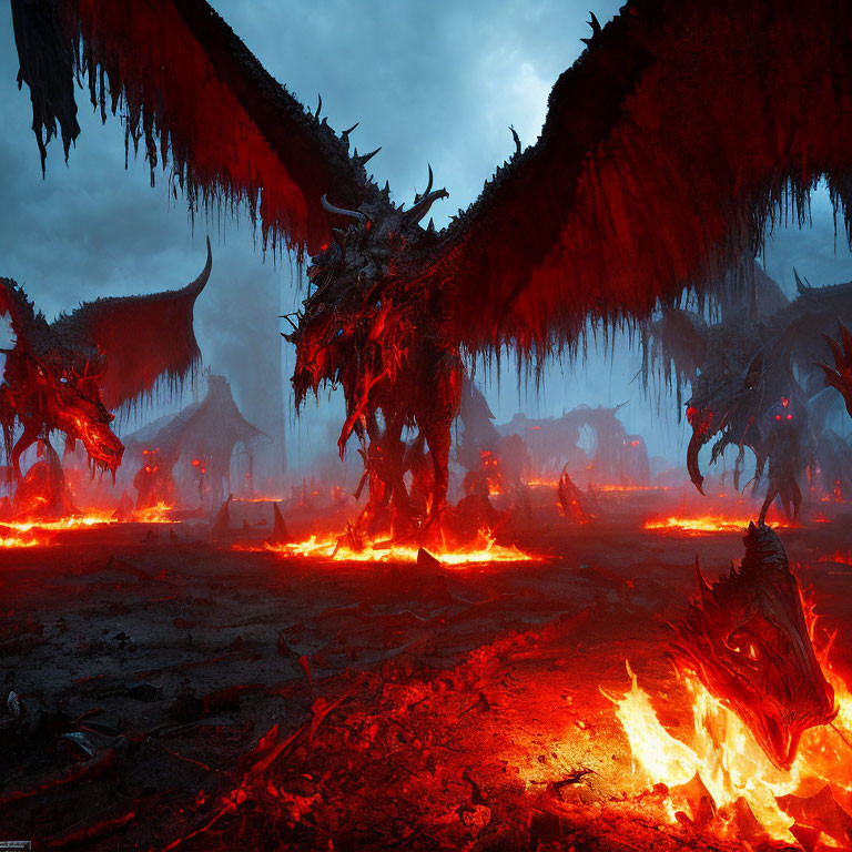 Winged dragons in fiery, dark environment