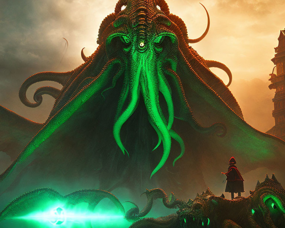 Gigantic octopus-like creature with glowing eyes and figures in red cloak near ancient tower under ominous