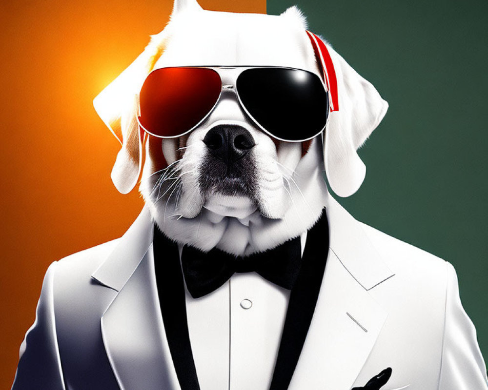 Fashionable Dog in Sunglasses, White Suit, and Bow Tie on Colorful Background