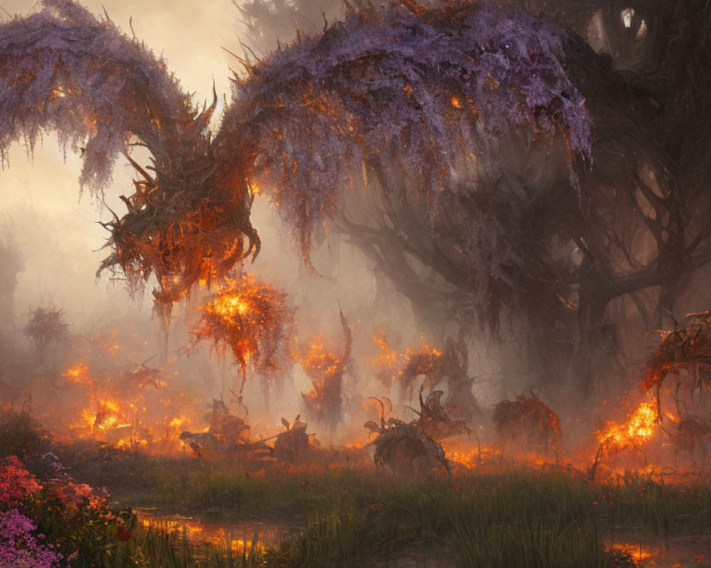 Mystical dragon surrounded by fiery foliage and purple flowers in enchanted forest