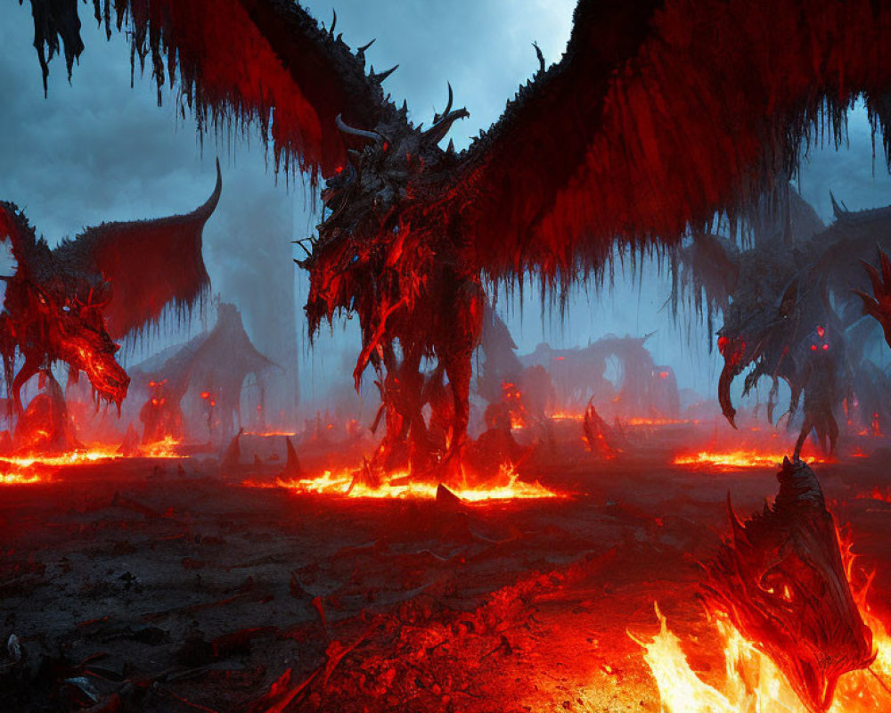 Winged dragons in fiery, dark environment