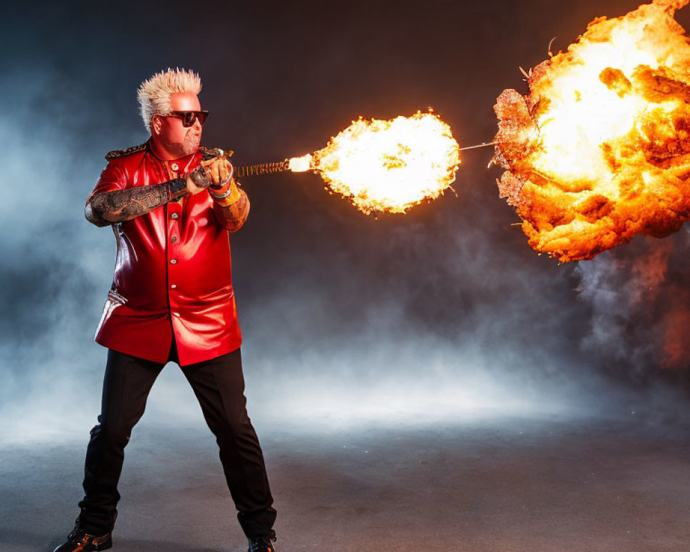 Man with Spiked Bleached Hair Breathing Fire in Red Chef's Attire