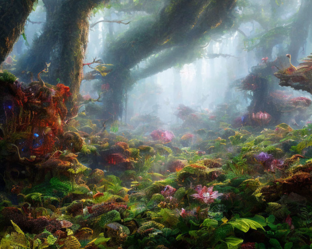 Enchanting forest with vibrant flora and ethereal atmosphere