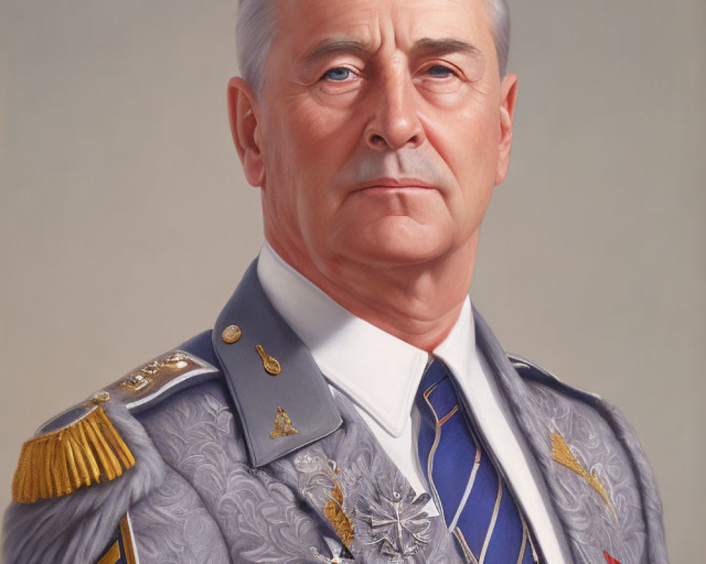 Decorated military uniform with stern-looking man