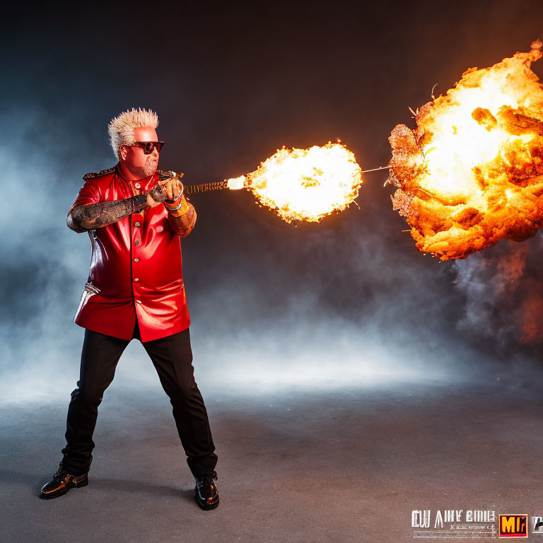 Man with Spiked Bleached Hair Breathing Fire in Red Chef's Attire