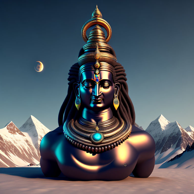 3D digital illustration of Lord Shiva with crescent moon, snowy mountains, clear sky
