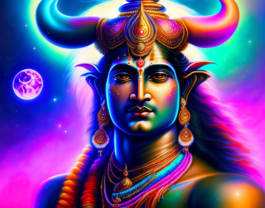Vibrant Lord Shiva Artwork with Crescent Moon and Trident