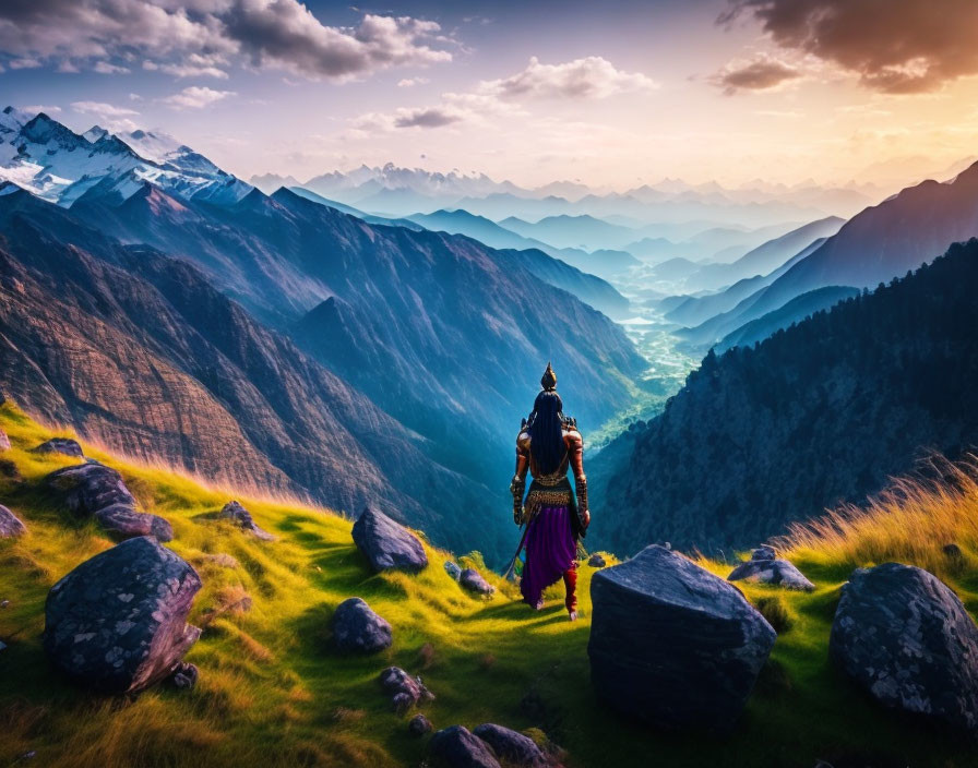 Traditional Attire Person Observing Mountainous Landscape at Sunset